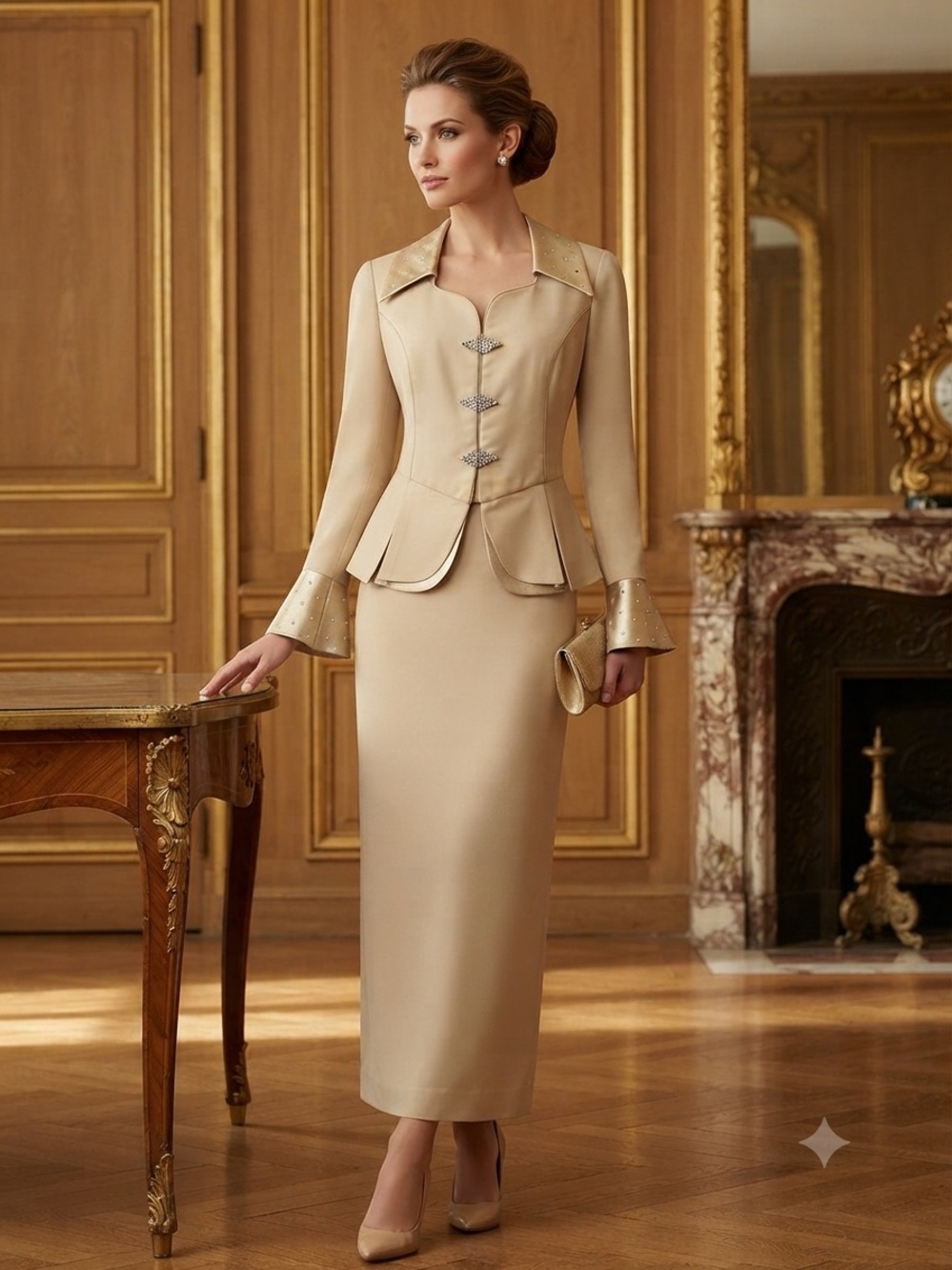 Lisa Rene’ Beige 2-Piece Peplum Skirt Suit Set Embellished Rhinestone Size 8